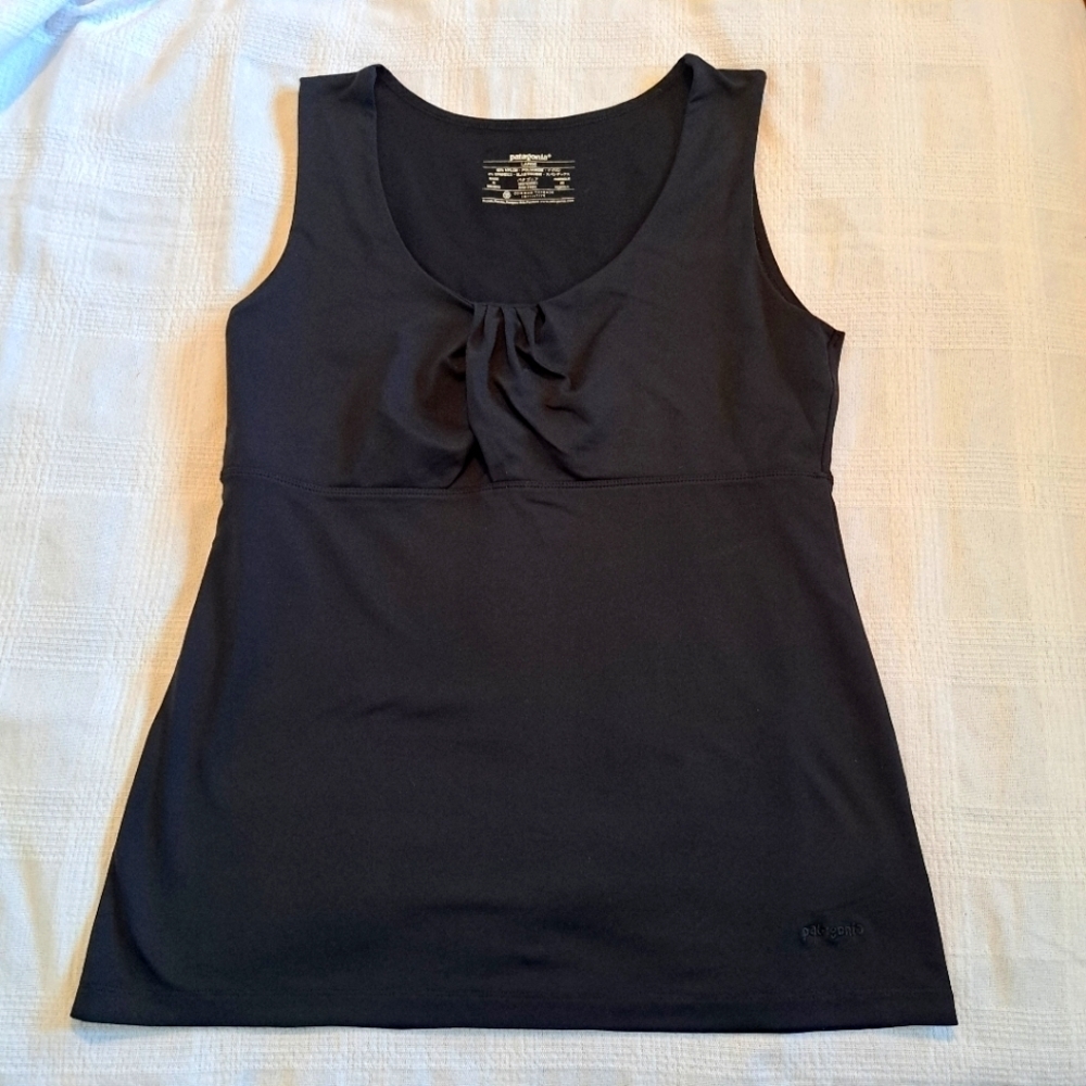 Patagonia woman's size large black tank top, gathered front, EUC